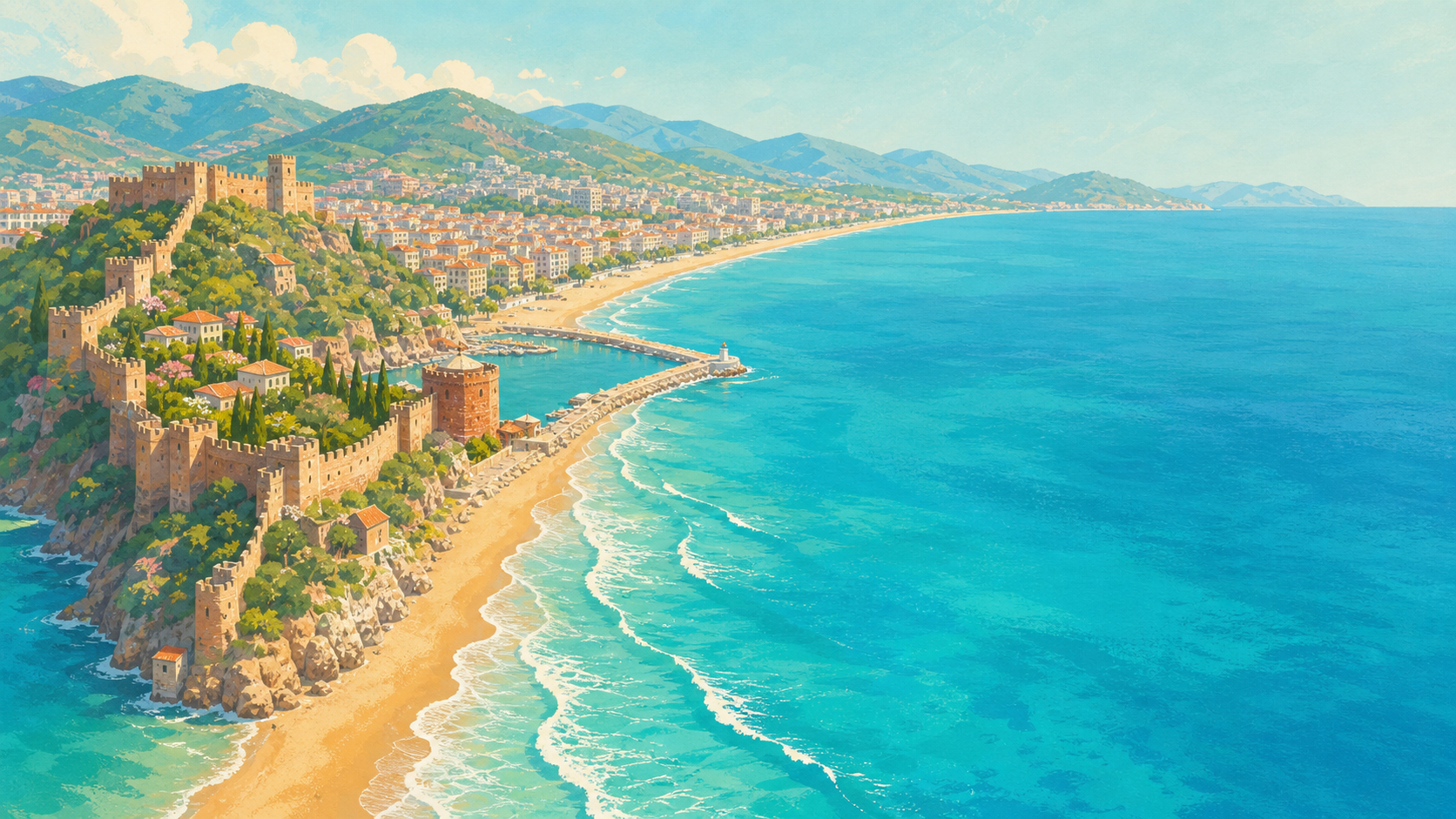 Yukarıdan Alanya Kalesi, kumsal ve kıyıya vuran Akdeniz dalgalarının pastel çizimi